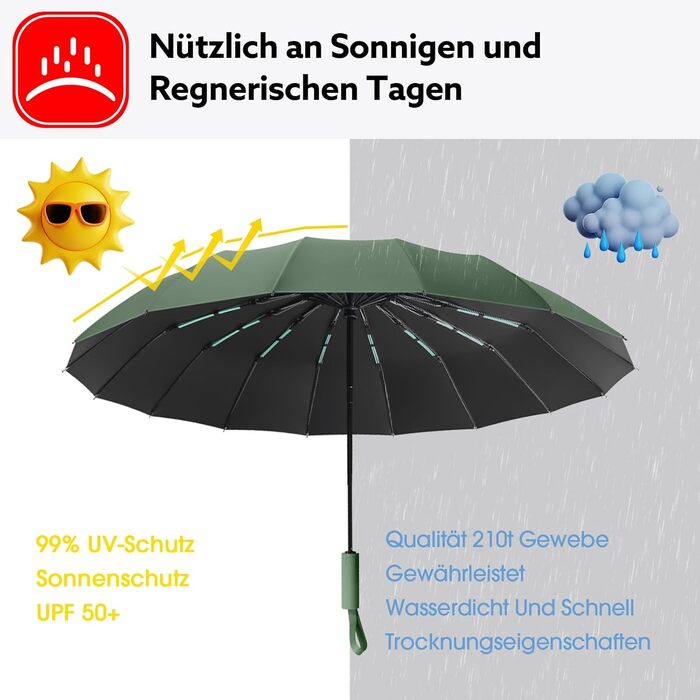 Стійкий до вітру парасолька-тростина, автоматичний, великий, з 16 ребрами, покриття Teflon 210T, захист від УФ-променів (зелений)