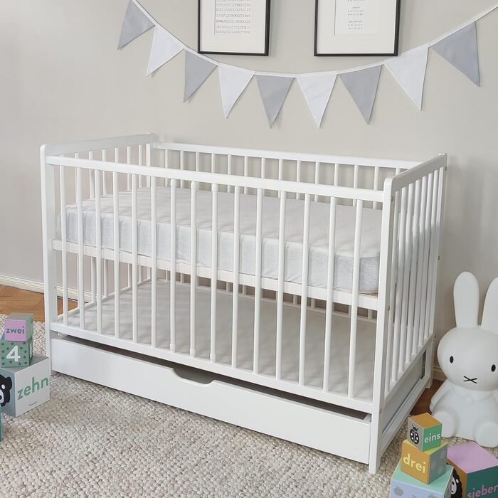 Kids Collective Baby Bed with Drawer, Toddler Bed, Crib, 60x120 cm, Adjustable Height & Removable Slats, Optional with Mattress | White, Very Stable, Made in Europe, 124L x 65W x 87H cm, White with Drawer