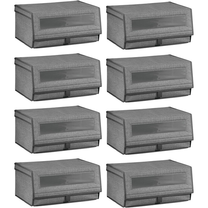 mDesign 8-Piece Fabric Shoe Storage Set – Stackable Shoe Box with Viewing Window, Velcro Closure, and Flip-Top Lid – Storage Box for Closet or Shelf – Dark Gray