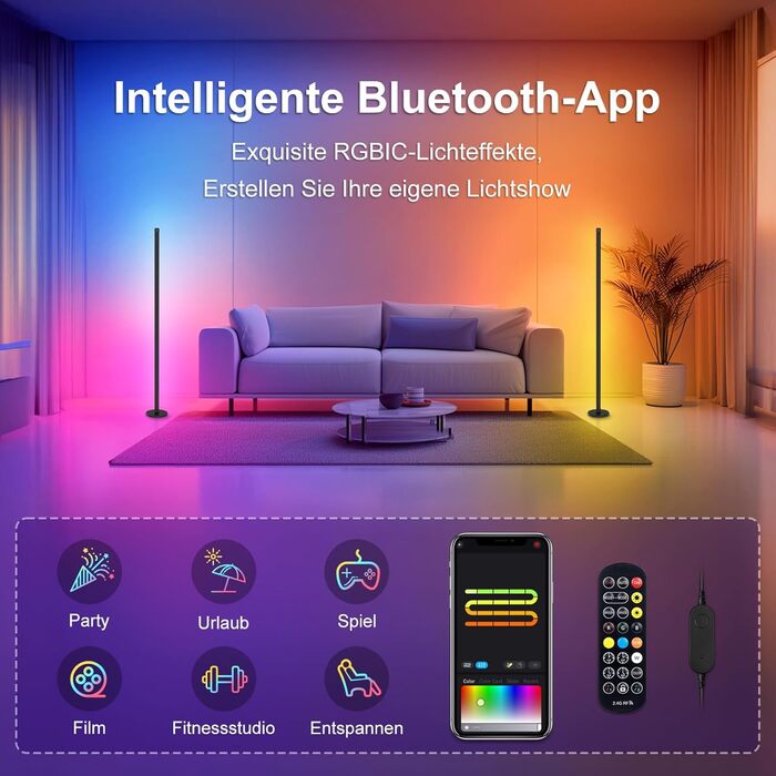 LED-лампа на підставці HANDSONIC RGBIC, 140 см, чорна, для вітальні, з регулюванням яскравості, 16 мільйонів кольорів, керування через додаток, кут освітлення 180°, ідеально для геймінгу
