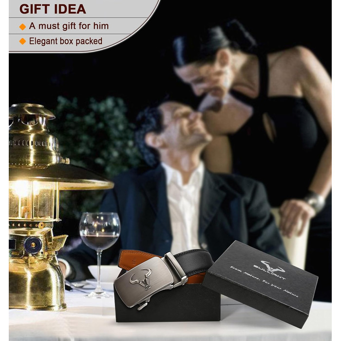 Чоловічий шкіряний ремінь BULLIANT 2 шт. з автоматичною застібкою (Ratsche) 35 мм, регульований, з подарунковою коробкою