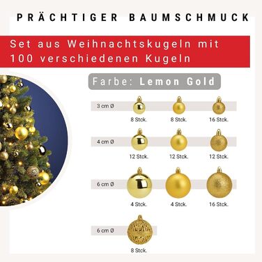 Набір прикрас для ялинки WOMA - 50 кульок, 22 кольори, пластик, ялинкові прикраси, декор, 100 шт. (Lemon Gold)