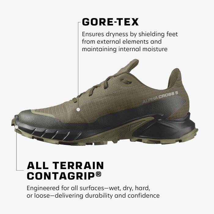 Чоловічі трейлові кросівки Salomon Alphacross 5 Gore-Tex (46 2/3 EU, Olive Night Black Deep Lichen Green)