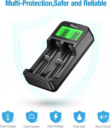 Зарядний пристрій POWXS для акумуляторів 18650 з LCD-дисплеєм та тестуванням, сумісний з Li-Ion, IMR, NI-MH, NI-Cd AA AAA C 26650 21700 10440 RCR123 (2 слоти)