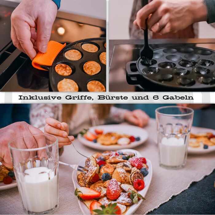 Чавунна сковорода для міні-панкейків IRONO Poffertjes, 19 отворів, з аксесуарами (масляний пензлик, лопатка, 6 виделок, пляшка для тіста, ручки)