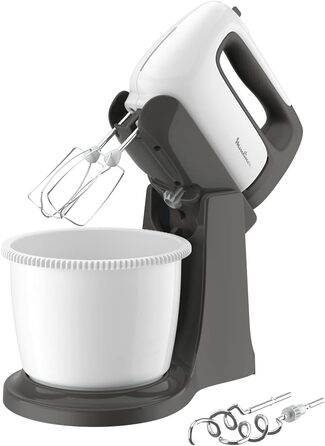 Moulinex HM4641 Prep'Mix+ electric hand mixer, with stainless steel whisk and dough hooks for stirring, whisking, and beating, self-rotating bowl with 2.5 l capacity, 5 speeds, and