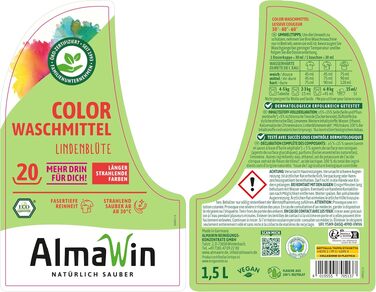 Рідкий пральний засіб для кольорових речей AlmaWin Color з ароматом липи, веганський, еко-засіб для прання (4х1.5л, 80 прань, 30-60°C)