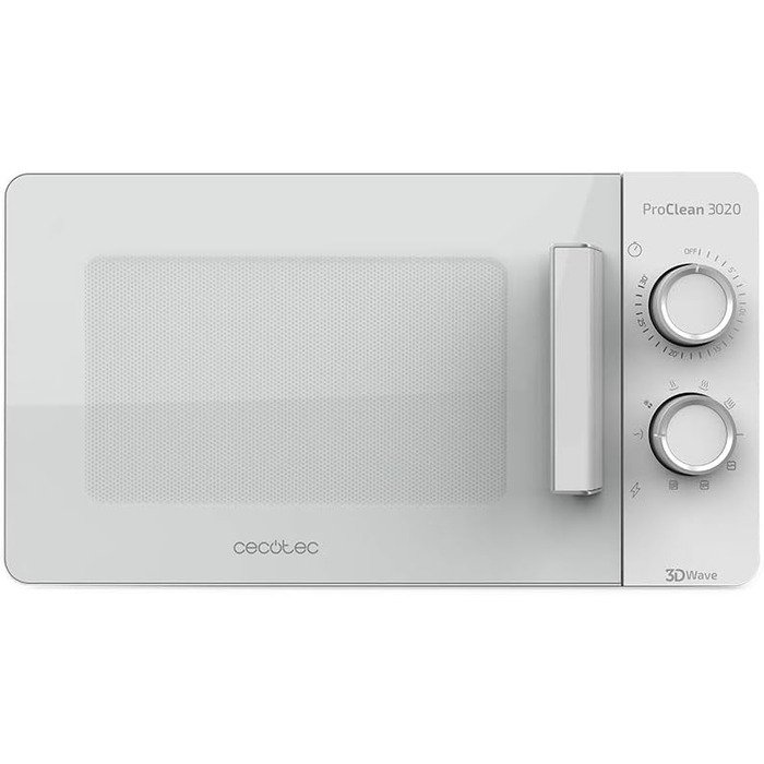 Мікрохвильова піч Cecotec Pro Clean 3120 з кварцовим грилем 800 Вт, антибактеріальним покриттям Ready 2 Clean, технологією 3D Wave, об'єм 20 л, 6 режимів, біла дверцята