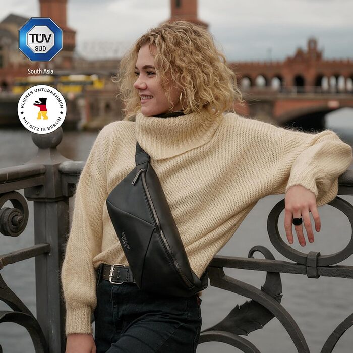 Berliner Bags Преміум поясна сумка Feline, шкіряна сумка через плече, кросбоді, бананка для жінок та чоловіків - чорна