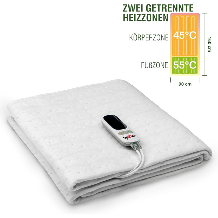 Електрична ковдра Grafner XL з двозонним підігрівом 190x90 см: тіло та ноги, LED пульт, 6 температур, захист від перегріву, автовимкнення, 78 Вт, пральна, 190x90