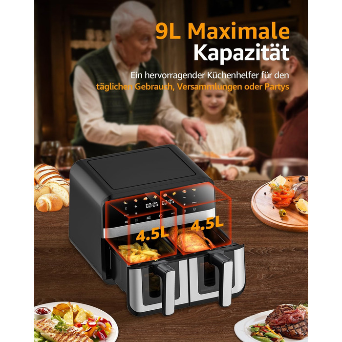 Фритюрниця повітряна Jacgood з 2 кошиками, 1800W, 9L, цифрове керування, 8 меню, з прозорим вікном