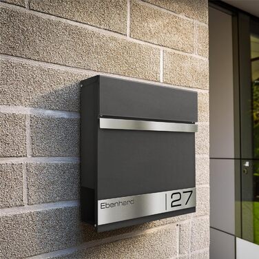 Поштова скринька Metzler Premium з газетницею Anthrazit (Антрацит) та іменним шильдиком - настінна, з нержавіючої сталі V2A з порошковим покриттям RAL 7016, модель Stencil