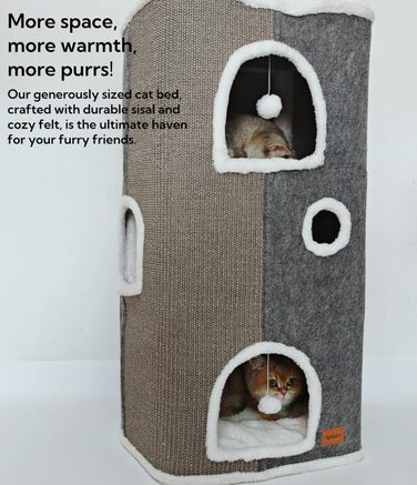 Spindro Cat Cave Cat Bed Large, Cat House Indoor Cat Sleeping Place with Removable Sherpa Cat Cushion and Hanging Toy, Cat Bed, Light Grey 42x42x33cm (4 level (42cmx32cmx84cm), Grey)