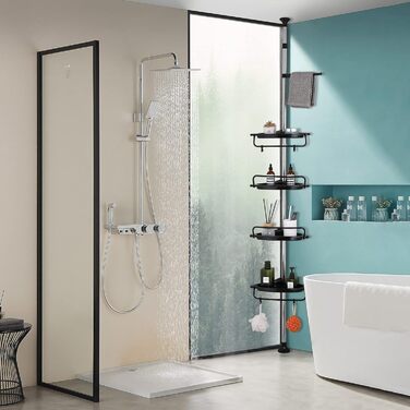 GRICOL Adjustable Height Shower Shelf No Drilling Corner Shelf Stainless Steel Corner Shelf Bathroom Shelf with 4 Baskets and 1 Towel Holder for Bathtub and Bathroom, Rustproof, 95-305CM, Black