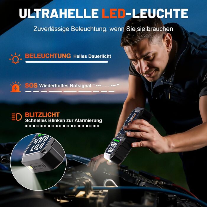 Powerbank для автомобіля 8000A, пусковий пристрій для акумулятора 12V з LED-дисплеєм та клемами, бустер для бензину/дизеля (до 10л), чорний