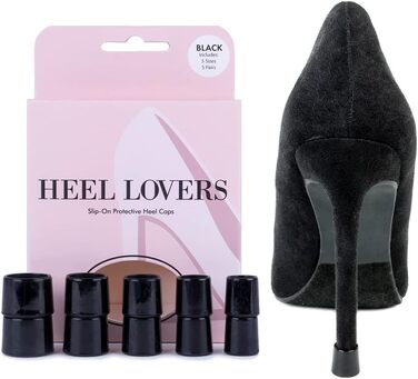 Heel Lovers 5 Pair Heel Cups Heel Protectors by FootFitter High Heel Tip Covers Noise-Reducing Slip-On Caps, Black, 5 Pair (Pack of 1)