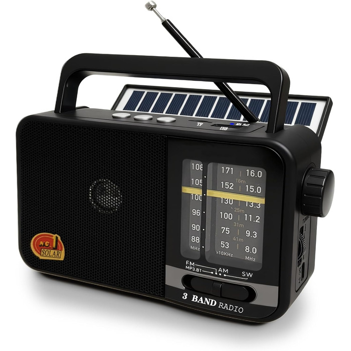 Радіо Bluetooth Klein з сонячною панеллю та акумулятором 1200mAh, AM/FM/SW приймач з 8W динаміком/TWS/USB/TF, радіо-кофеварка для кемпінгу, надзвичайних ситуацій та відпочинку на природі (Сірий/Чорний)