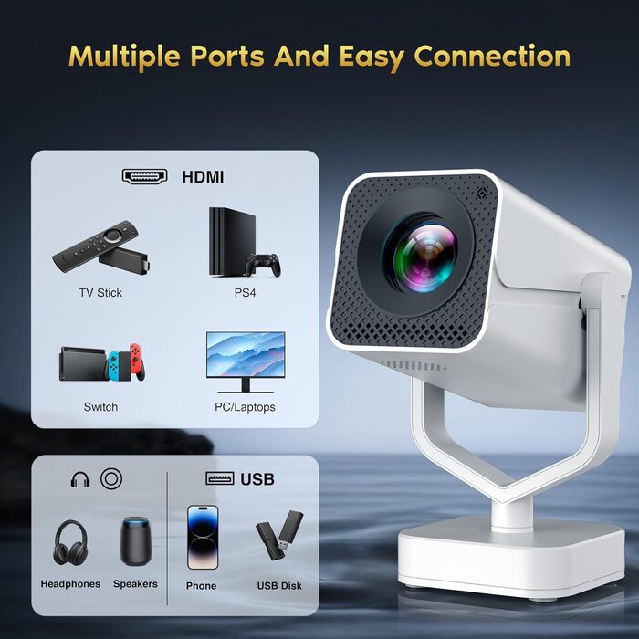 Mini проєктор Smart Beamer Android 11: 4K, 1080P, WiFi 6, Bluetooth 5.2, портативний, 270° оберт, автокорекція трапеції, для телефону/ноутбука