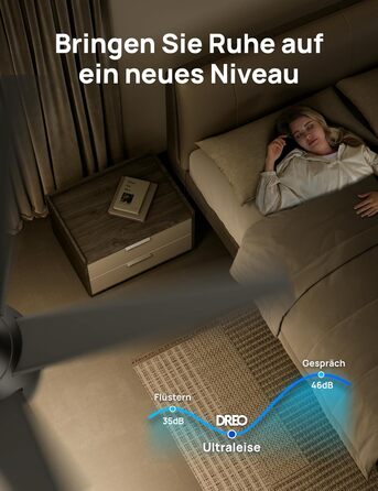 Дрео Смарт стельовий вентилятор з підсвічуванням, 132 см, 12 швидкостей, 3 режими, регульоване LED-підсвічування, тихий DC-двигун, 12H таймер, керування пультом/APP/Alexa, для приміщень (Чорний)