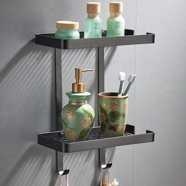 Wall-Mounted Eck-Dusch-Caddy, Bathroom Shelf, Organizer with Soap Dish and Hooks, Rust-Proof Brass, Storage Shelf for Shampoo and Spice Bottles, Drip Basket, Kitchen Shelves, Black