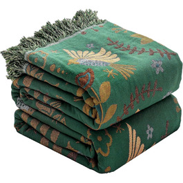 Плед HOORDRY Boho для ліжка 230×250 см – 100% бавовна, ультрам'яка ковдра з квітково-пташиним принтом, рустикальний стиль, для декору спальні, дивану, стільця, зелена