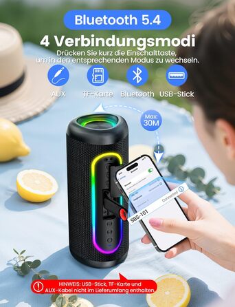 Портативна Bluetooth колонка UOHHBOE 30W з RGB підсвічуванням, TWS Stereo, 24 години роботи, IPX5 водонепроникність