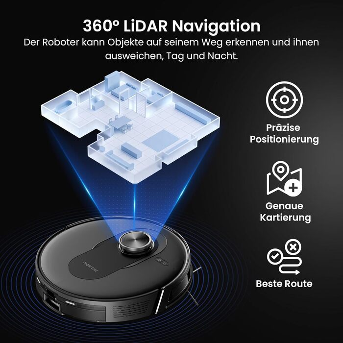 Робот-пилосос Proscenic Q8 Max+ з функцією миття, 8000Pa, 200 хвилин роботи, 3L пилозбірник, Lidar-навігація, уникнення перешкод, керування через додаток та голосове управління, для твердих поверхонь та килимів