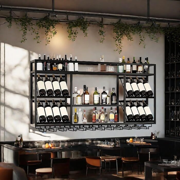 Настінна вітрина для вина з тримачем для келихів, 3-ярусна, металева вітрина в стилі рустік для напоїв, для домашнього бару, зберігання вина на кухні (Чорний, 100см)