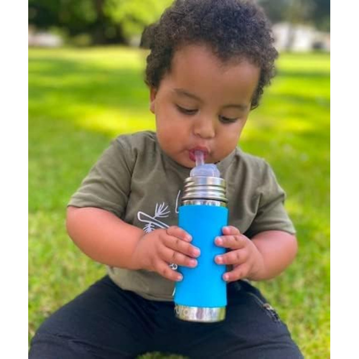 Pure stainless steel bottle with silicone straw & sleeve, aqua (plastic, BPA-free, non-toxic, certified)