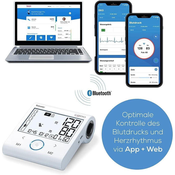 Beurer BM 96 - тонометр з ЕКГ, вимірювання артеріального тиску та пульсу на плечі, для виявлення фібриляції передсердь (AFib) та профілактики інсульту, обхват плеча 22-42 см, з ЕКГ-сенсором та індикатором спокою