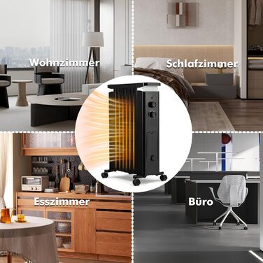 Масляний радіатор COSTWAY 1500W з 7 ребрами, 5-35°C, 3 режими нагріву, термостат, вологозбірник, на колесах (Чорний)