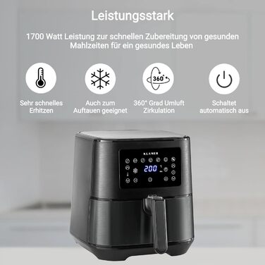 Аерофритюрниця KLAMER 5,5 л XXL, без олії, 1700 Вт, LED-екран, цифрова, з німецькою кулінарною книгою, багатофункціональна, чорна