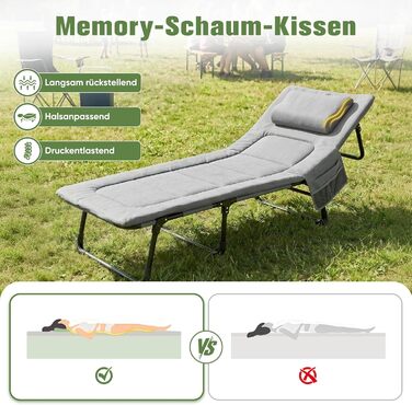 Ліжко туристичне розкладне Sekey XXL 190x71x35 см, сіре з подушкою - для кемпінгу, риболовлі, міцний сталевий каркас, Oxford тканина
