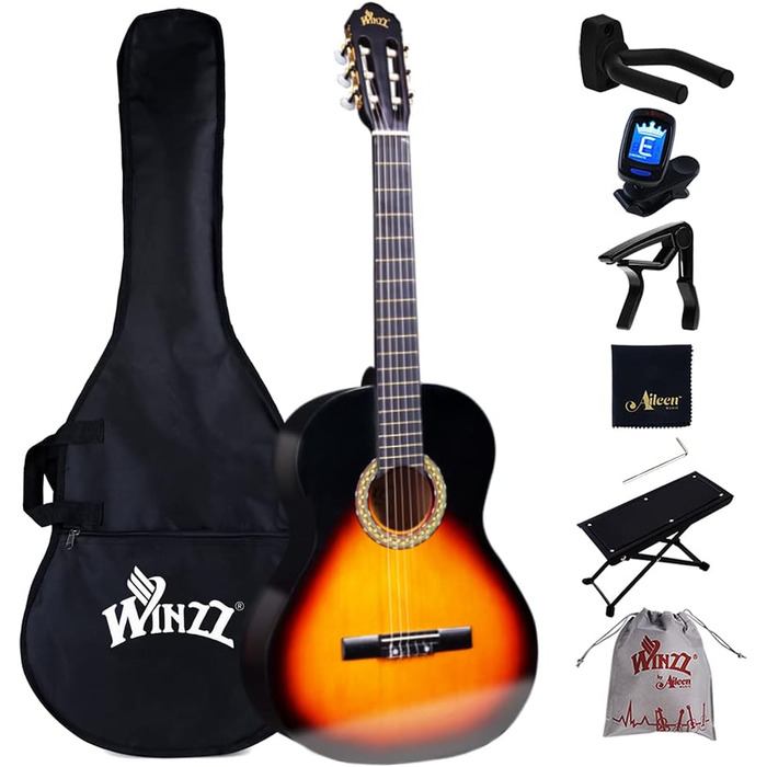 Кітара класична Winzz 4/4 для початківців - набір, 39 дюймів, з нейлоновими струнами, для дорослих та дітей (від 11 років), колір Sunburst