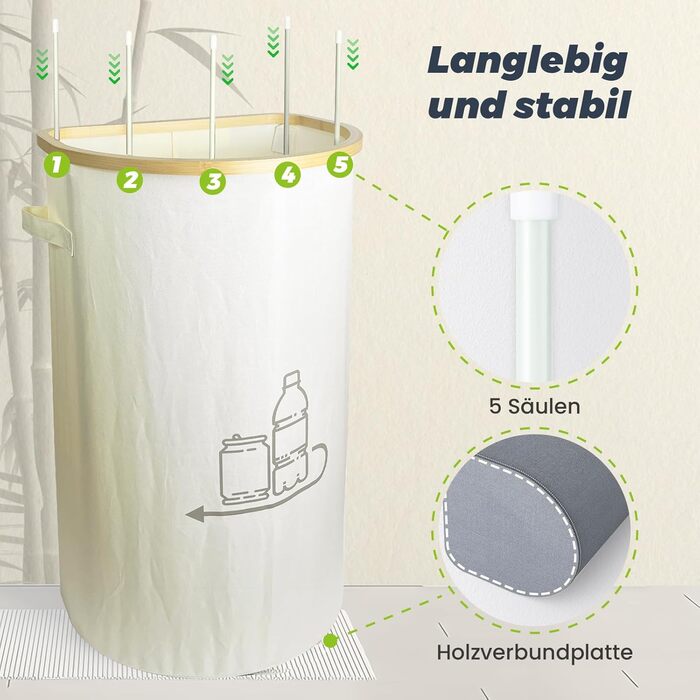 Laundry basket with 2 compartments, deposit bottle collection container with lid, container for deposit bottles & glass recycling & paper waste, deposit bottle container bamboo with bag, must have (Beige-d, 100L)