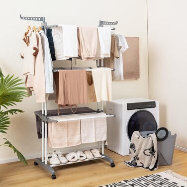 Сушарка для білизни HOMASIS з 4 рівнями, розкладна, на коліщатках та з боковими крилами, 127x63x171 см, сіра