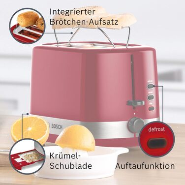 Bosch Compact Toaster ComfortLine TAT6A514, for 2 slices, integrated bagel attachment, with defrost/reheat function, 800W, red