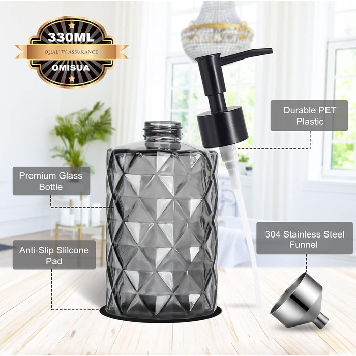 Дозатор мила чорний, скляний дозатор для ванної кімнати, наповнюваний дозатор з нержавіючою сталею, 2 підставки, 330 мл, вінтажний дизайн