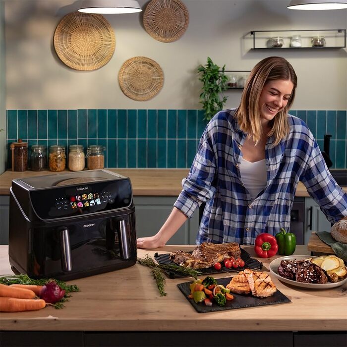 Cecotec Oil-Free Hot Air Fryer - 10L - Grill Plate - Grill - Double Heating Elements - Cecofry & Grill Duoheat 10000. 2800W, Movable Dividing Wall, Temperature Control 40-200°C, 10 Menus