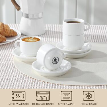 Набір чашок еспресо MALACASA 4 шт., 75 мл, з підставками та стійкою, біле порцелянове виробництво Італії, сумісні з посудомийною машиною, серія Regular 75 мл