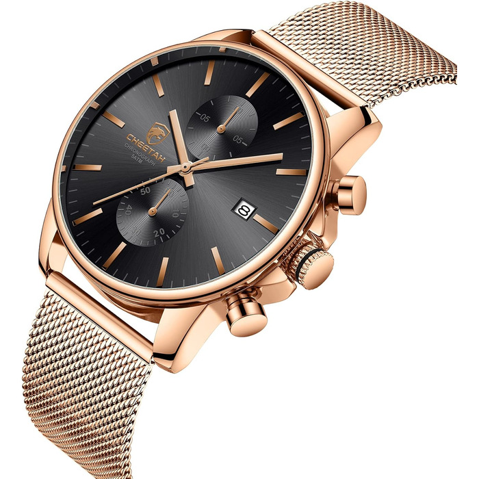 Годинник чоловічий GOLDEN HOUR: стильний, мінімалістичний кварцовий хронограф з металевим браслетом, водостійкий (рожеве золото, чорний)