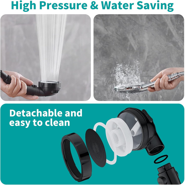 MIAOHUI Modern Handheld Showerhead with On/Off Switch, High-Pressure Showerhead with Handheld, 3 Spray Settings, Detachable Showerhead with Hose, Adjustable Angle Shower Holder (Brushed Nickel) (Black)