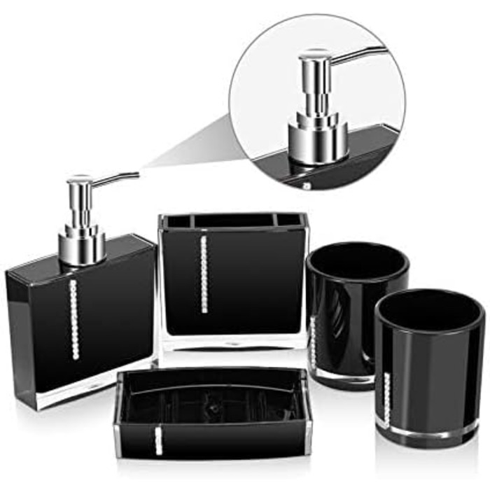 5-Piece Bathroom Accessories Set, Bathroom Dispenser Set includes lotion bottle, toothbrush holder, tray, 2 rinsing cups (black)