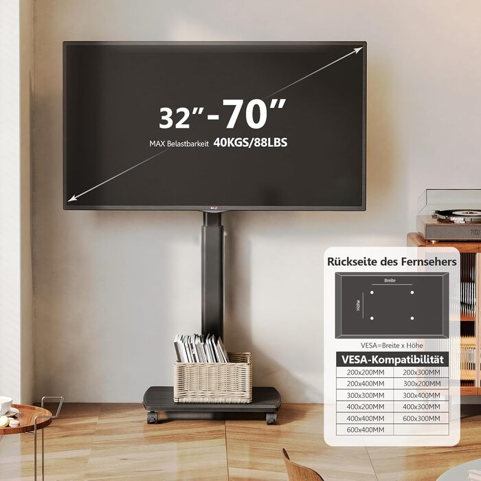 FITUEYES Rolling TV Stand with Wood Shelf - Adjustable Height & Swivel - Fits 32-70 inch TVs (up to 40kg, VESA 400x600) - Black