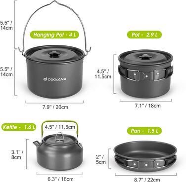 Odoland Camping Cookware Set - 6 Person Outdoor Cooking Set for Backpacking, Camping, and Picnics