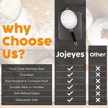 Набір сит Jojeys 3 шт. різних розмірів - металеві сита з нержавіючої сталі, дрібний фільтр - кухонне сито з нержавіючої сталі для приготування їжі, випічки - безпечне для миття в посудомийній машині (20 см з гумовою ручкою)