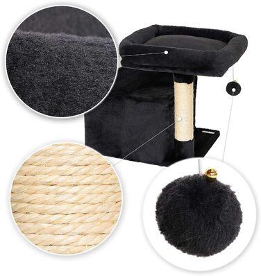 Lionto Scratching Post for Cats with Cozy Lying Area & Cave, Height 50 cm, Cat Tree with Plush Ball including Bell, Sisal Rope & Soft Plush, Suitable for Small & Large Cats, (Black)