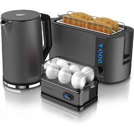 Набір Arendo: чайник, тостер та яйцеварка, нержавіюча сталь, сірий, 1.5л, 40-100°C, 4 тости, LED-дисплей, 6 рівнів підсмажування, для 1-6 яєць
