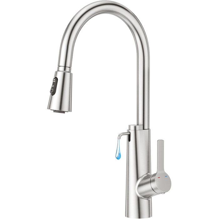 Кран кухонний CREA Wasserfall висувний з дозатором мила, нержавіюча сталь, 360° обертання, 4 режими, з душем