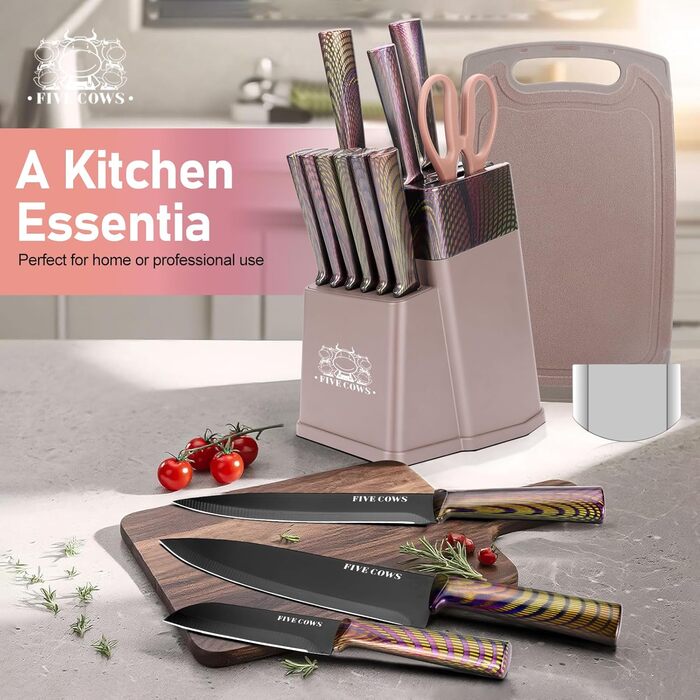 Набір кухонних ножів Messerblock 16 предметів з дерев'яною підставкою, дощечкою, захистом пальців, точилкою та кухонними ножицями. Професійний набір ножів для дому (зелений/рожевий)